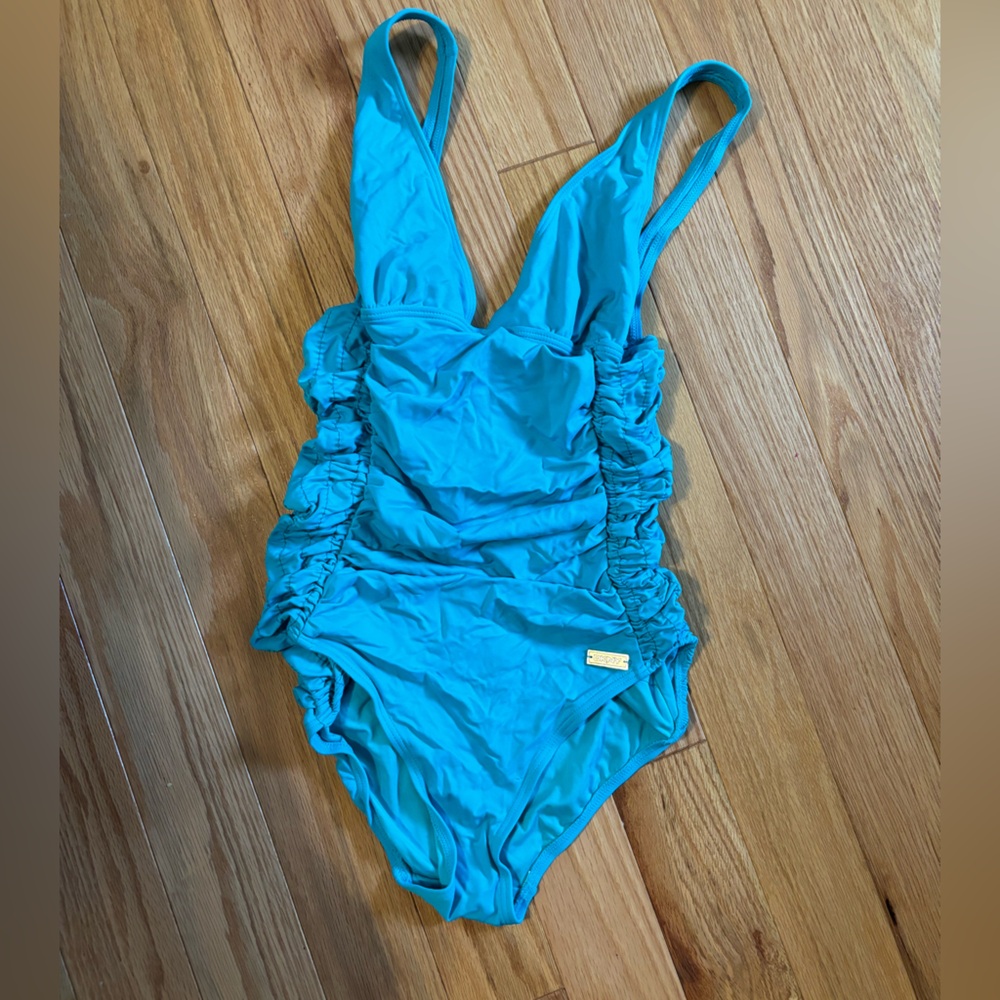 Teal Blue DKNY ruched one piece size 8